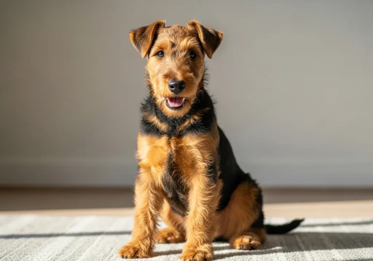 Airedale terrier miniatura siedzi na dywanie z otwartym pyszczkiem.