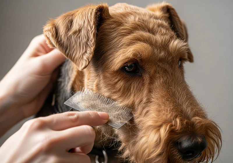 Dłonie czeszą psa rasy Airedale terrier miniatura szczotką do sierści.