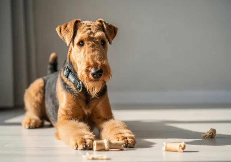Airedale terrier leżący na podłodze z przysmakami w pobliżu.