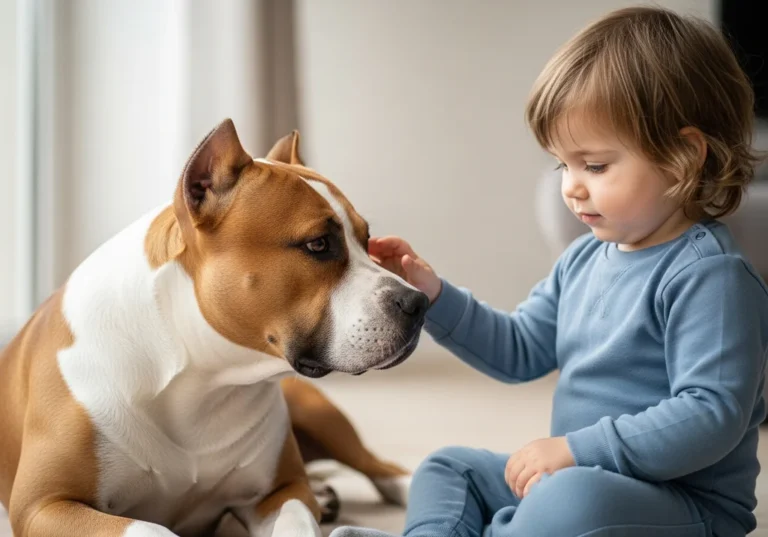 Małe dziecko o blond włosach głaszcze siedzącego psa rasy amstaff.
