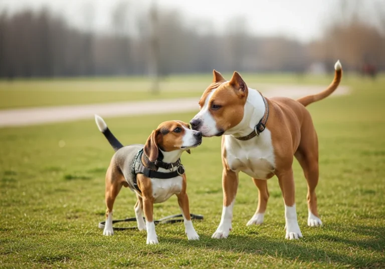 Duży amstaff i mały beagle całują się w parku.