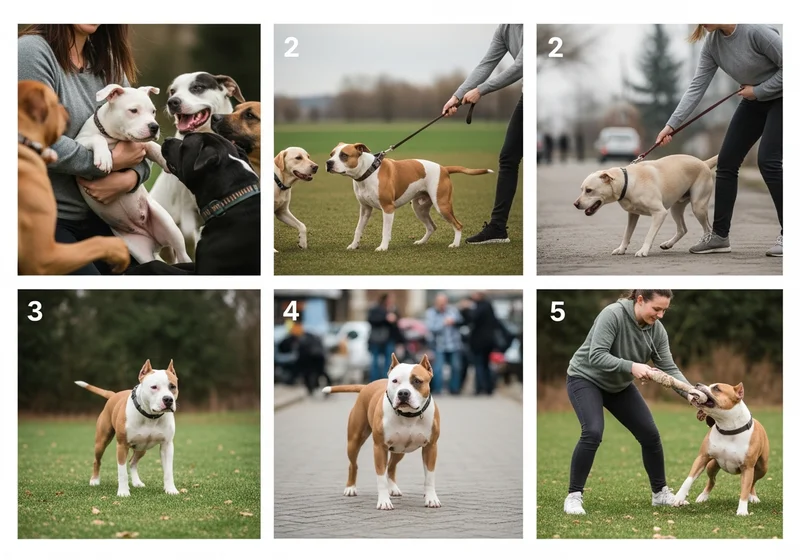 Amstaffy w różnych sytuacjach: interakcje z innymi psami, trening, zabawa.