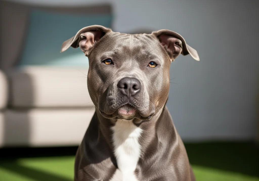 Amstaff blue z niebieskim umaszczeniem, patrzący prosto w obiektyw.