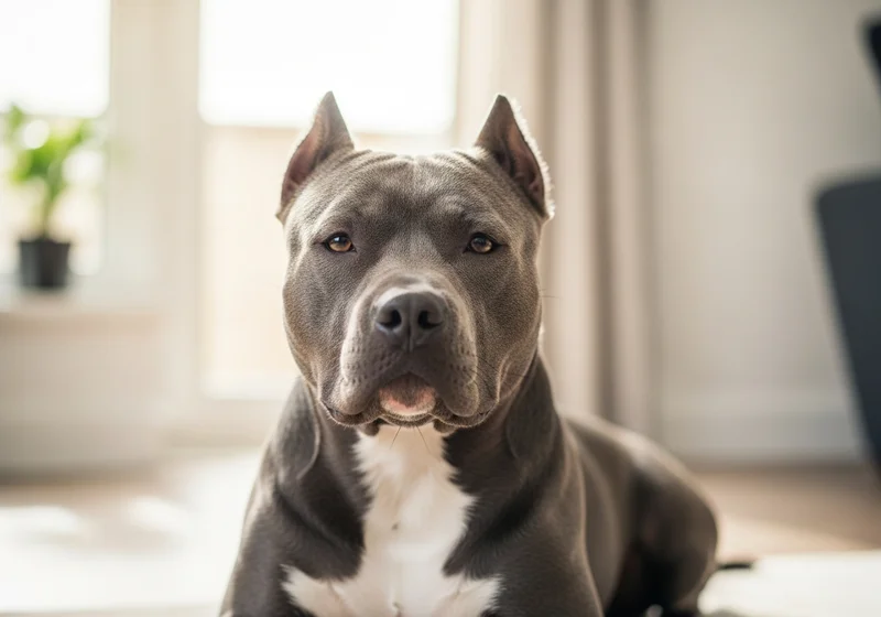 Amstaff blue leżący przodem do obiektywu, z uwagą wpatrujący się w kamerę.