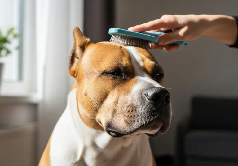 Amstaff czesany szczotką, zamykając oczy, cieszy się pielęgnacją.