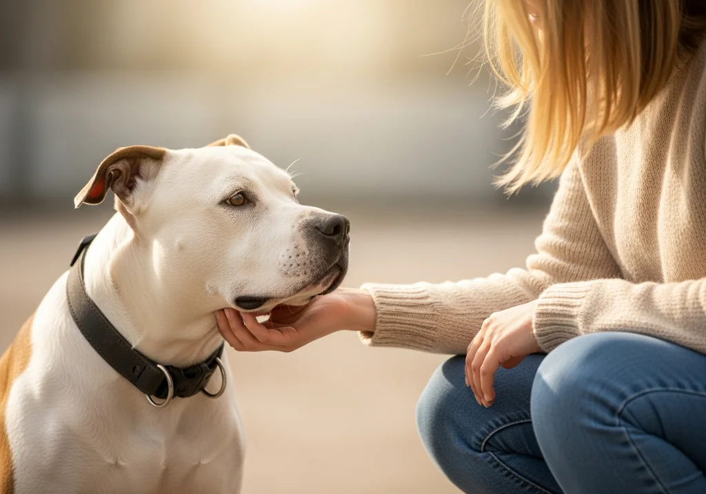 Amstaff z oddaniem patrzy na człowieka, który delikatnie głaszcze go po pyszczku.