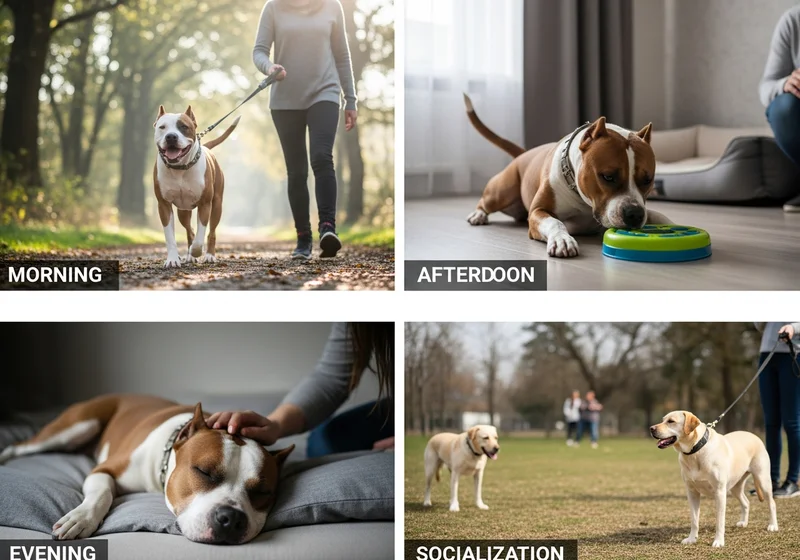 Amstaff w codziennych aktywnościach: spacer, zabawa, odpoczynek i socjalizacja.