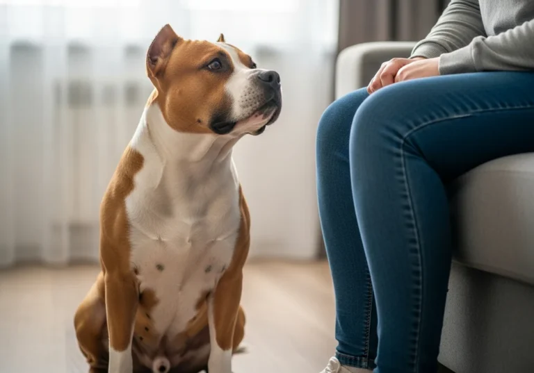 Siedzący pies rasy Amstaff patrzy na siedzącą obok osobę ubraną w jeansy.