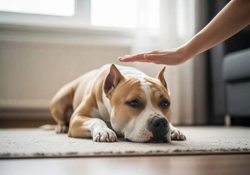 Pies rasy Amstaff kładzie głowę na dywanie, a człowiek delikatnie głaszcze go po łbie.