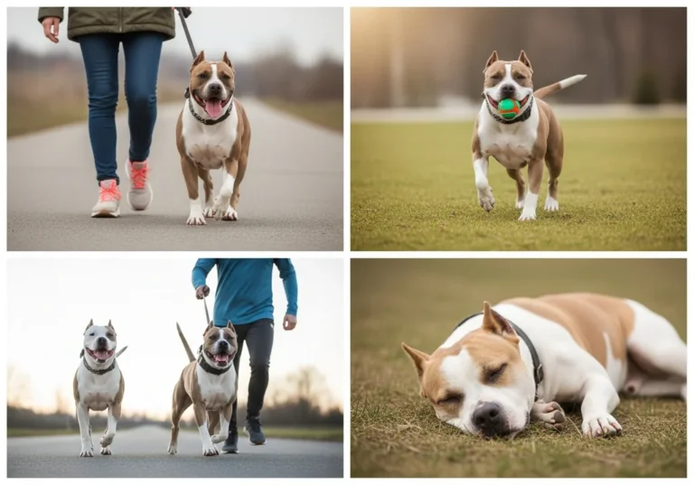 Psy rasy Amstaff na spacerze i w czasie zabawy.