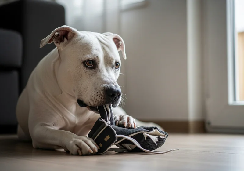Biały Amstaff leżący na podłodze i gryzący podniszczonego buta.