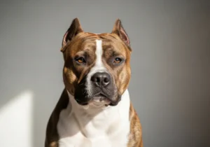 Portret amstaffa w kolorze brązowo-białym.