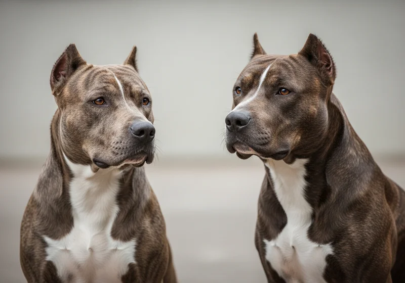 Dwa psy rasy amstaff z pręgowanym umaszczeniem stoją obok siebie, patrząc w przeciwne strony.