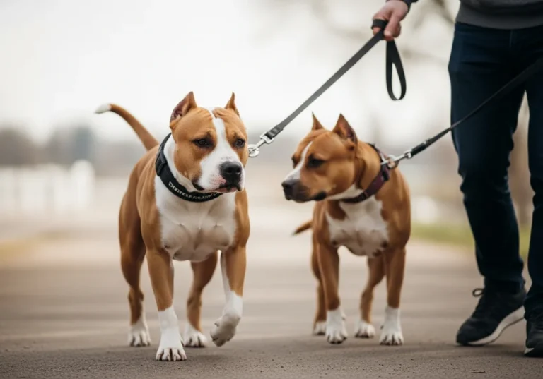 Dwa psy rasy Amstaff na smyczy mijają się na spacerze.