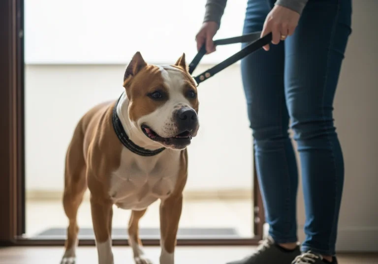 Amstaff na smyczy przed wyjściem na spacer, pełen energii.
