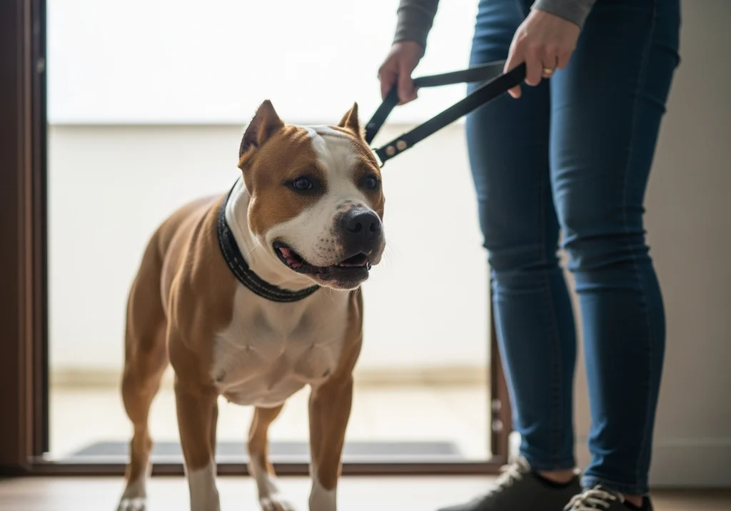 Amstaff na smyczy przed wyjściem na spacer, pełen energii.