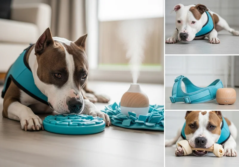 Amstaff w błękitnej kamizelce bawi się interaktywną zabawką, obok dyfuzor.