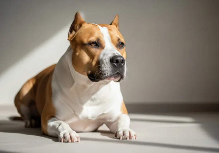 Brązowo-biały amstaff leżący na jasnej powierzchni w świetle słonecznym.