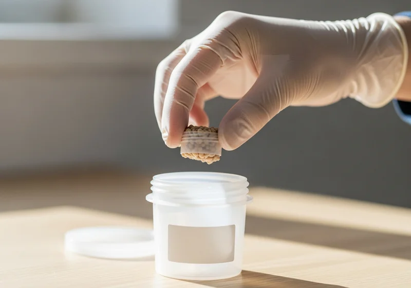 Ręka w rękawiczce pobiera próbkę kału psa do pojemnika do badań.