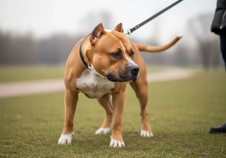 Brązowy amstaff na smyczy ze zmartwioną miną wpatruje się w bok, jego mięśnie są napięte.