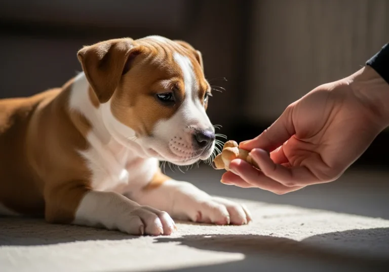 Szczeniak rasy Amstaff otrzymuje smakołyk z ręki właściciela.