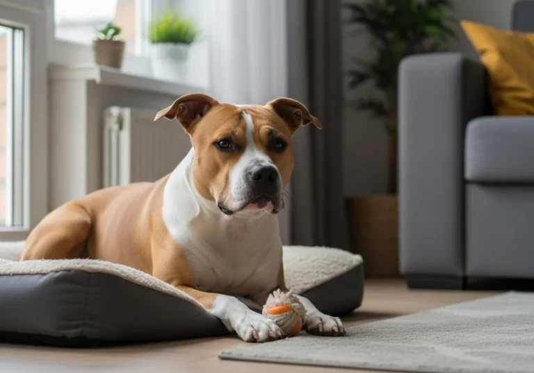 Amstaff leży na legowisku z zabawką w pysku, w przestronnym mieszkaniu.