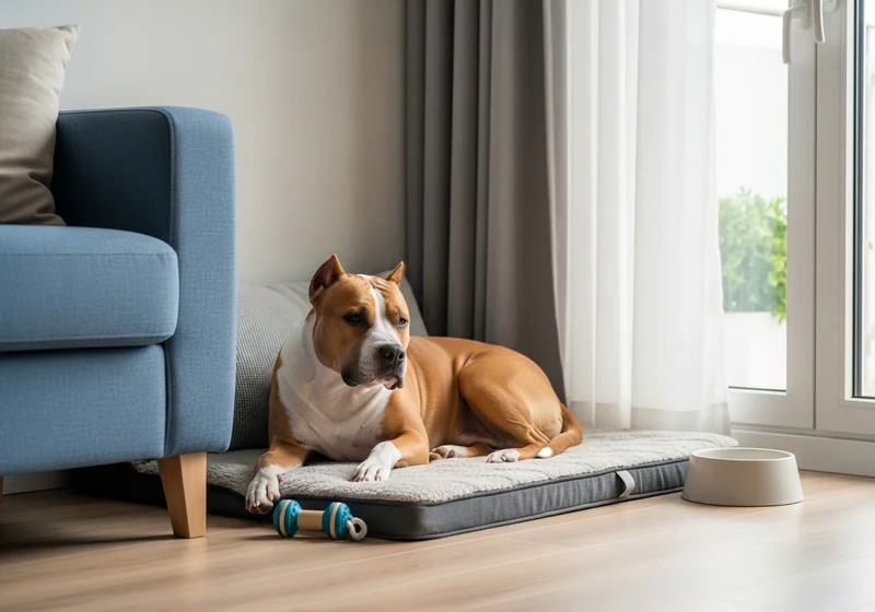 Amstaff leży na legowisku obok kanapy w słonecznym mieszkaniu.