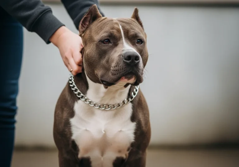 Dorosły amstaff z łańcuchem na szyi, pieszczony przez dłoń właściciela.