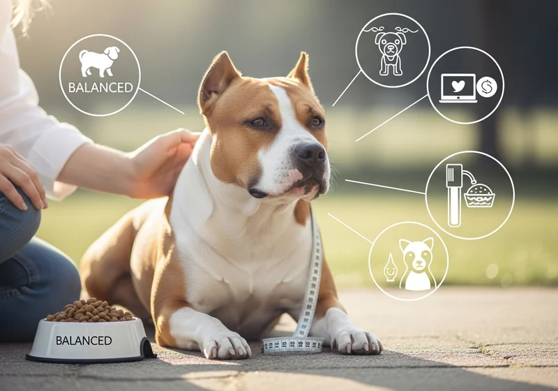 Amstaff z miarką i ikonami symbolizującymi dietę, zdrowie i internet.