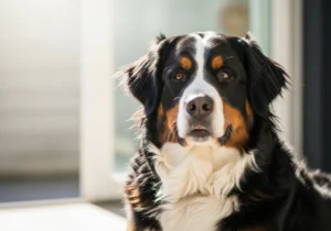 Portret berneńskiego psa pasterskiego z czarno-białą sierścią i brązowymi znaczeniami.