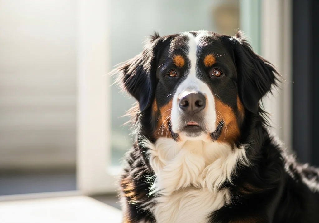 Portret berneńskiego psa pasterskiego z czarno-białą sierścią i brązowymi znaczeniami.