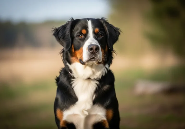 Berneński pies pasterski o krótkiej sierści, z charakterystycznym czarno-biało-rudym umaszczeniem.