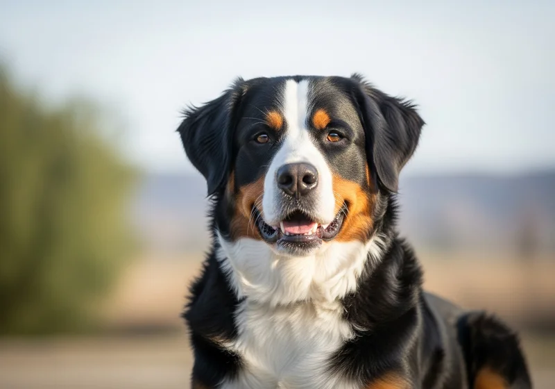 Portret berneńskiego psa pasterskiego o krótkiej sierści, z wyrazistą, trójkolorową szatą.
