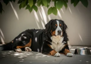 Berneński pies pasterski leżący na podłodze w cieniu liści z miską na wodę.