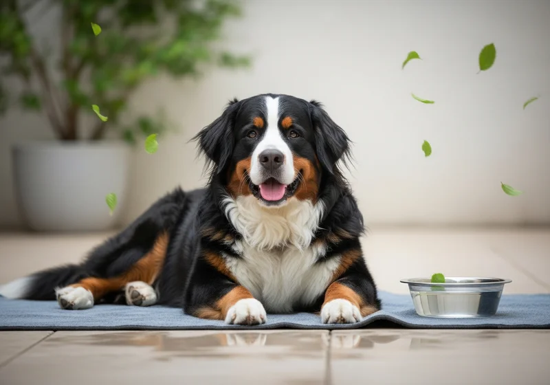 Berneńczyk leży na macie, obok miski z wodą, a wokół spadają listki.