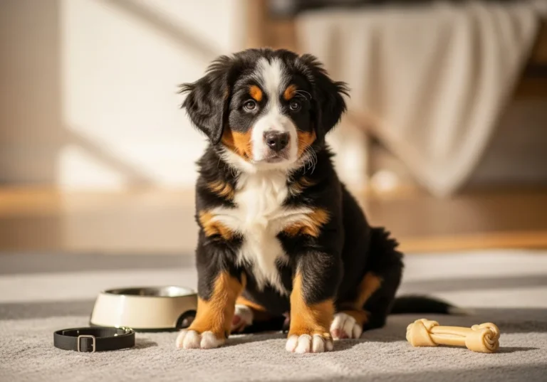 Szczenię berneńskiego psa pasterskiego siedzi obok miski i kości do gryzienia.
