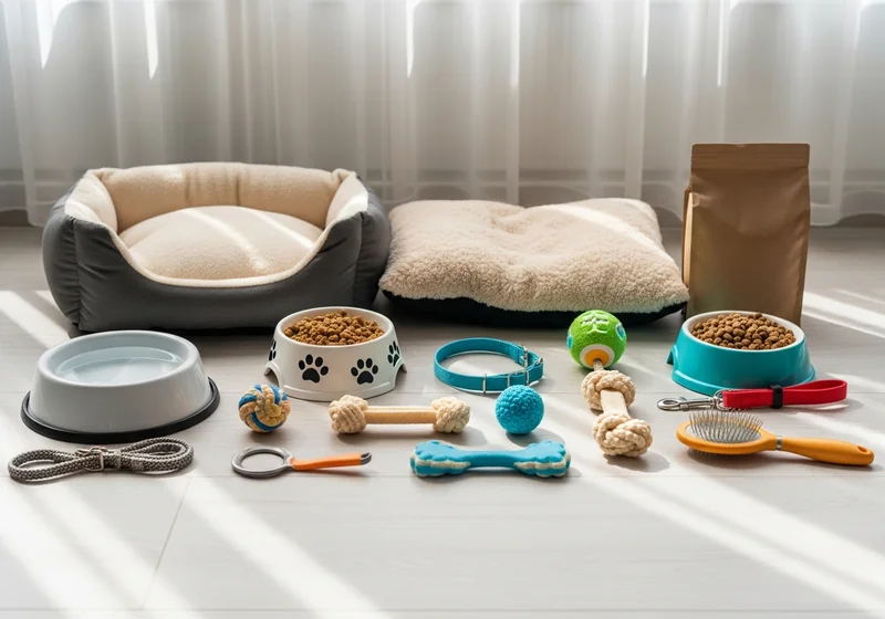 Wyprawka dla szczeniaka: legowisko, miski, smakołyki, zabawki, smycz, obroża i szczotka.