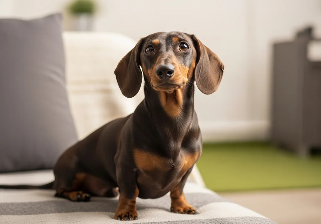 Brązowy jamnik z rudymi znaczeniami siedzi na kanapie.