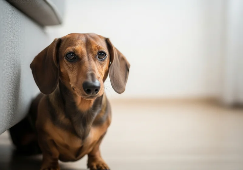 Brązowy jamnik z uszami zwisającymi na boki, siedzący pod sofą, patrzy na widza.