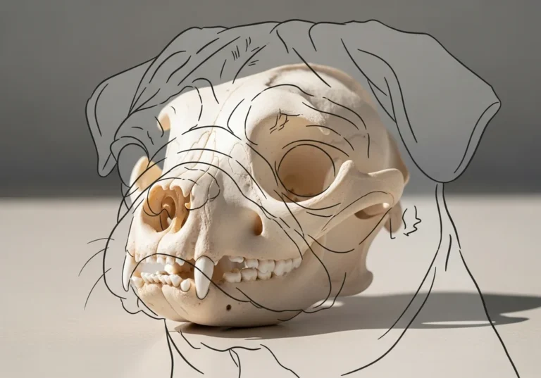 Szkielet czaszki mopsa z naniesionym konturem pyska i uszu.