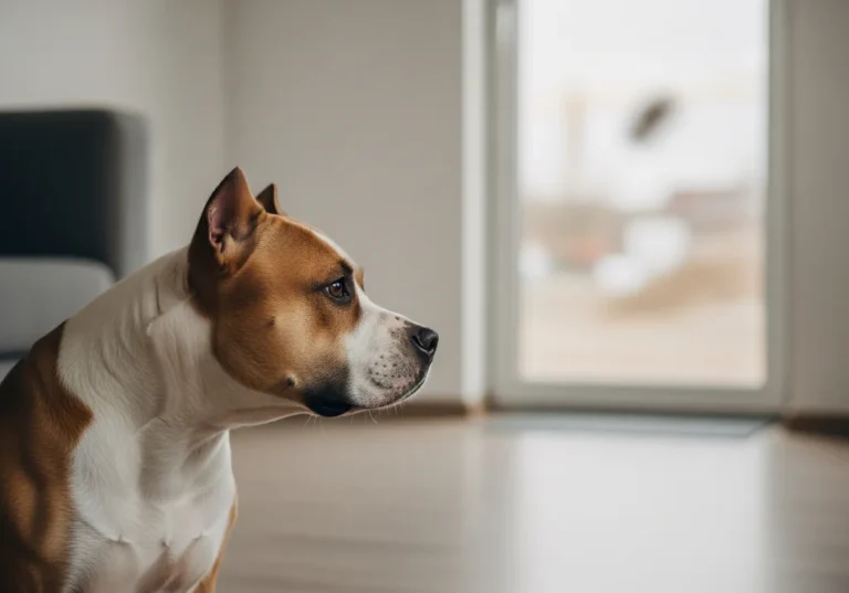 Amstaff patrzący w okno, ze zmartwieniem w oczach.