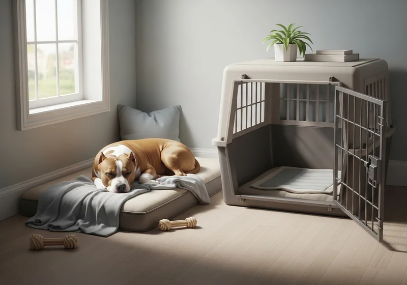 Amstaff śpi na posłaniu obok otwartej klatki, symbolizując bezpieczną przestrzeń.