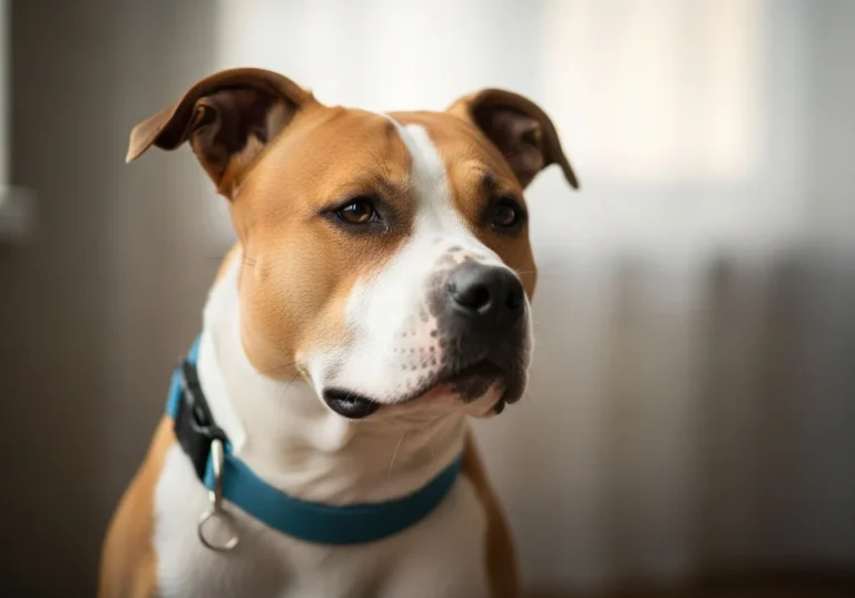 Amstaff z niebieską obrożą patrzy w bok na jasnym tle.