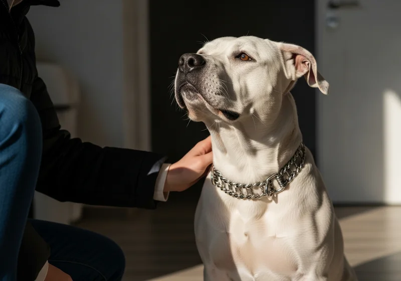 Biały amstaff z metalowym łańcuszkowym obrożą, któremu właściciel głaszcze głowę.