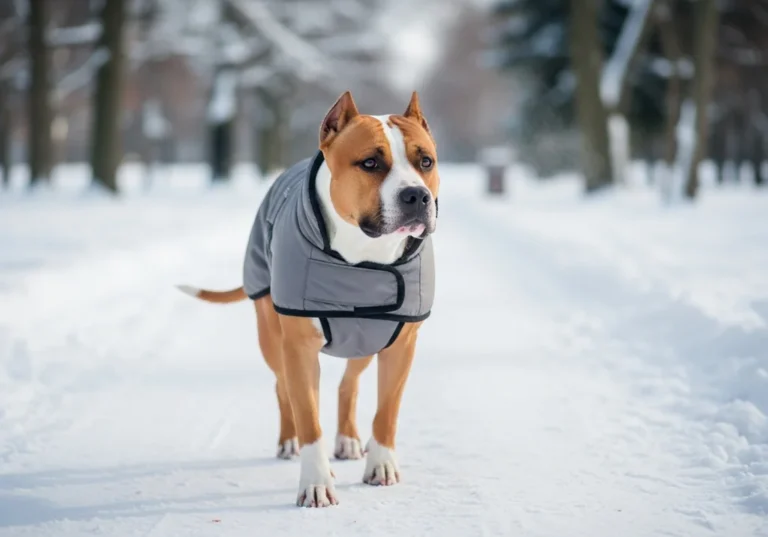 Amstaff w zimowej kamizelce spaceruje po śniegu.