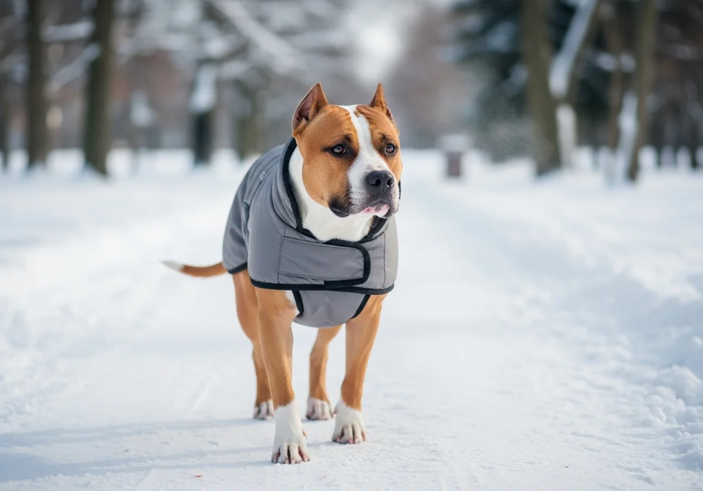 Amstaff w zimowej kamizelce spaceruje po śniegu.