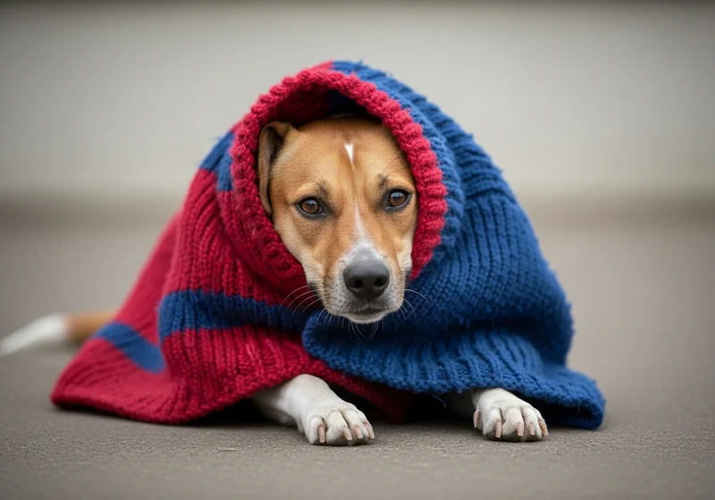Pies zawinięty w czerwono-niebieski sweter, z łapkami na zewnątrz.