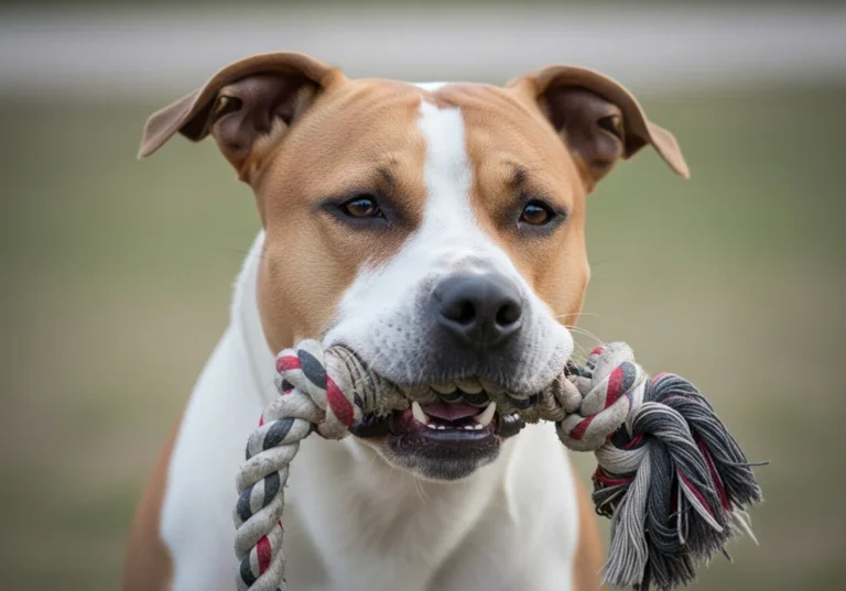 Amstaff z zabawką sznurową w pysku, pokazujący zęby.