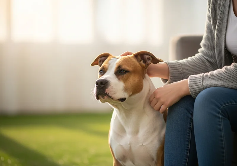 Siedzący amstaff ze wzrokiem utkwionym w bok, głaskany przez człowieka.