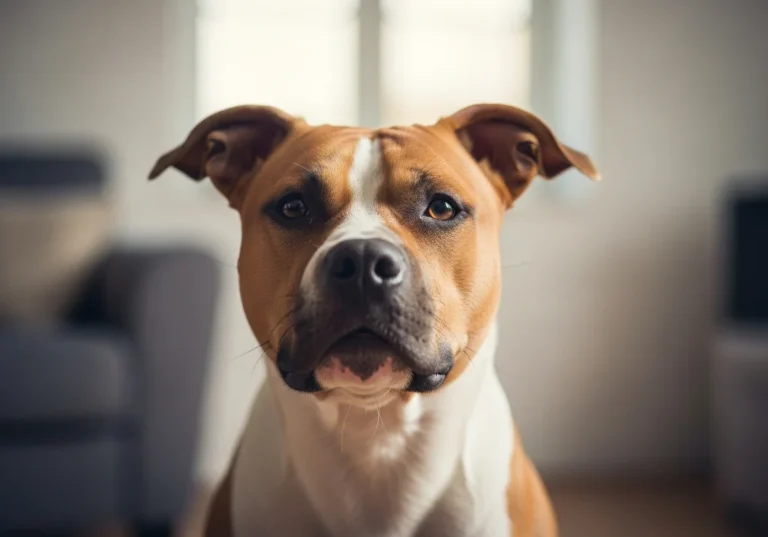 Amstaff patrzy prosto w obiektyw, z białą łatką na pysku.